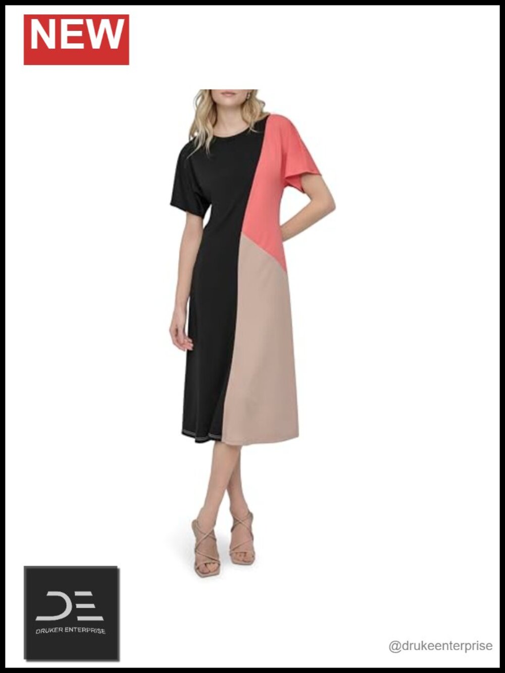 DKNY Women's Short Sleeve Jewel Neck Color Block Straight Hem Midi Dress